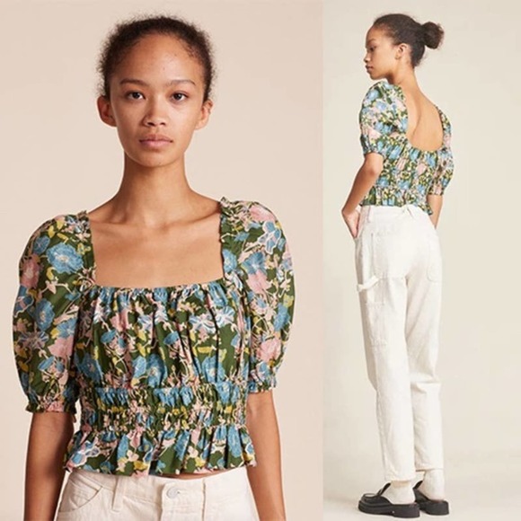 NEW Birds Of Paradis Trovata Drew Floral Cropped Blouse Green Spring Tendril